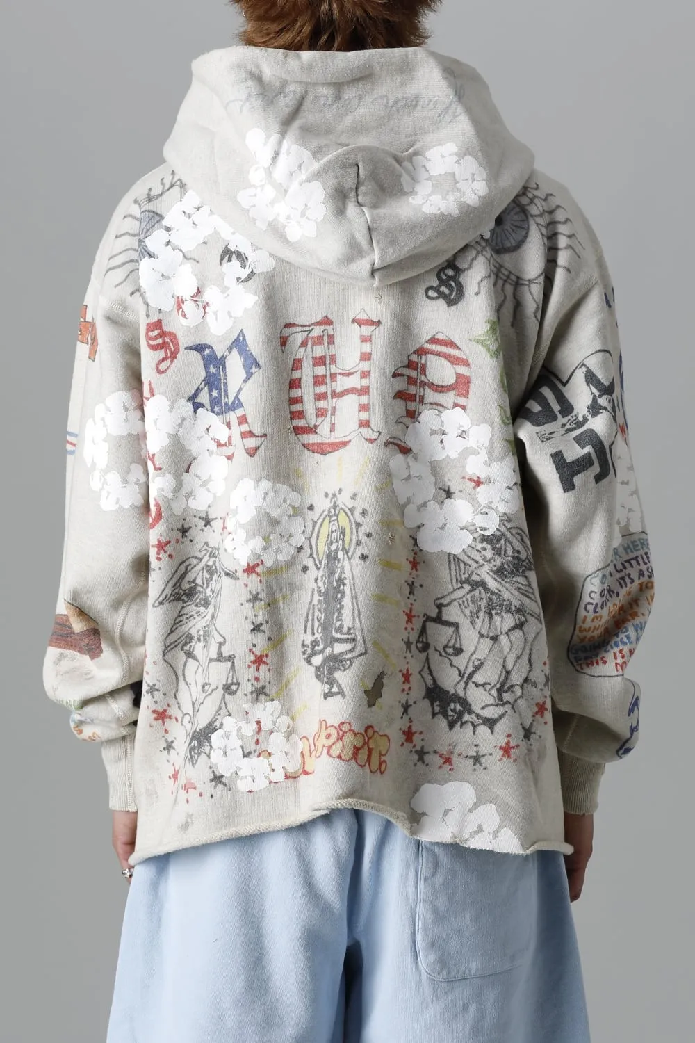 DENIM TEARS × ©SAINT M×××××× "SAINT TEARS" Graffiti Hoodie Joint Model Cotton Graffiti Hoodie Fully Printed Washed Distressed Holes Vintage Sweatshirt Gray S-XL Super Heavy Duty! The whole piece is printed with 35 screens and counterpoint printing!